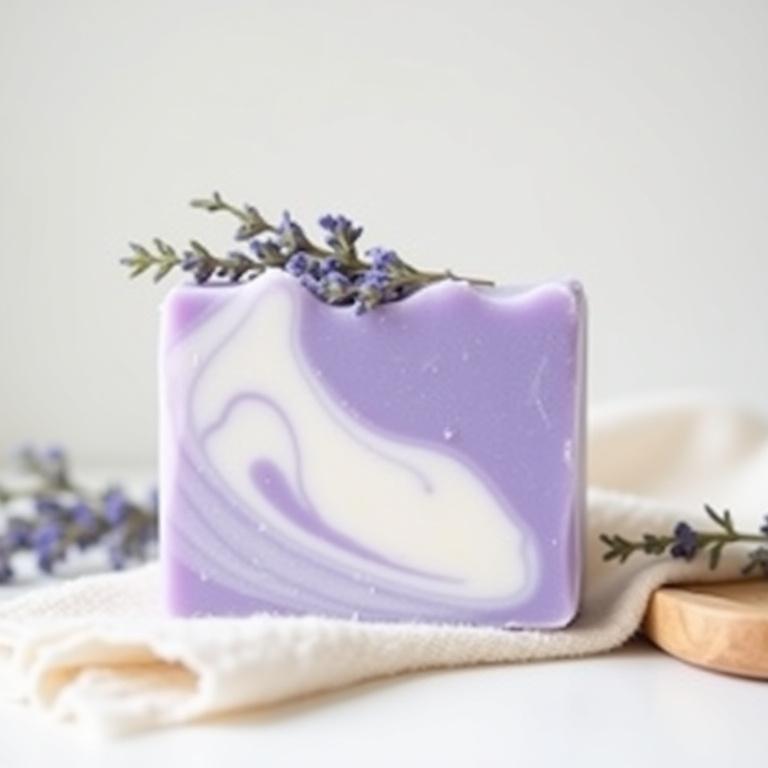 Une barre de savon artisanal violet et blanc, décorée de brins de lavande séchée.